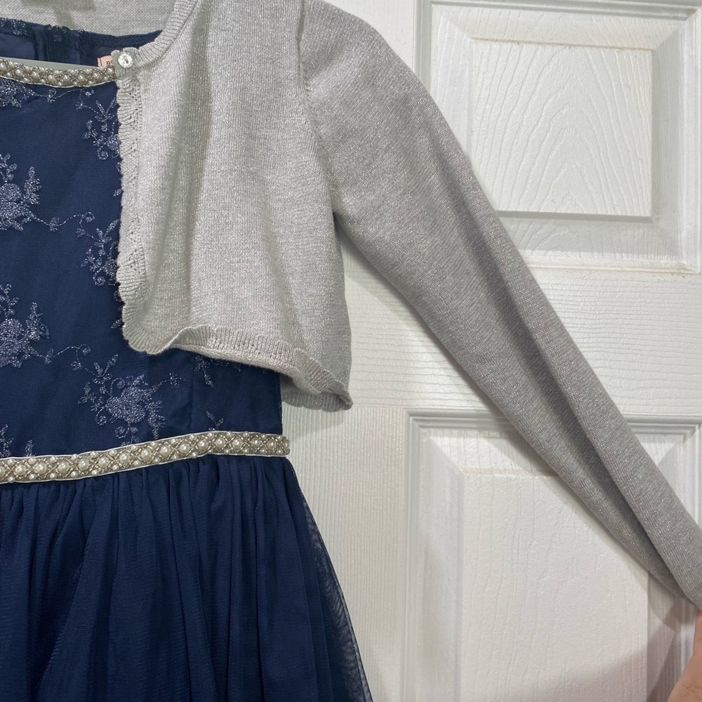 Navy Dress with Silver Cardigan and Pearl Details